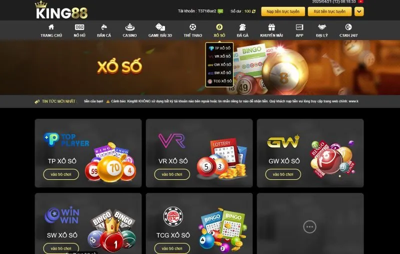 Giới thiệu sảnh Xổ số Việt Nam King88